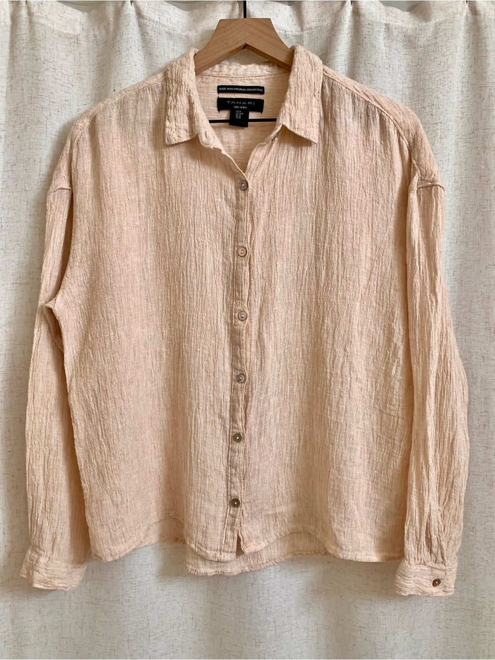 Tahari 100% European Flax Linen Pale Peach Button-Down Shirt Collar Abalone Med